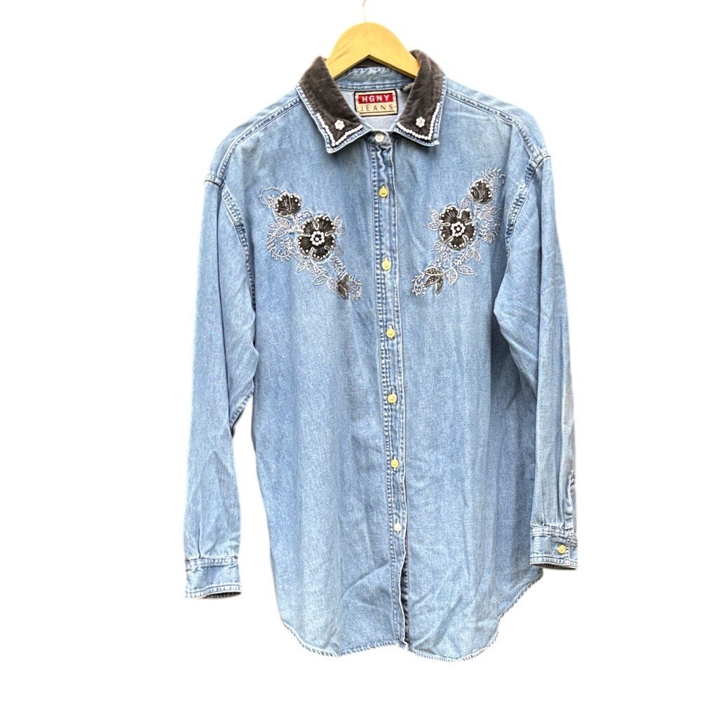 Vintage HGNY Women's SZ Large Embroidered Beaded Floral‎ Denim Shirt Button Top